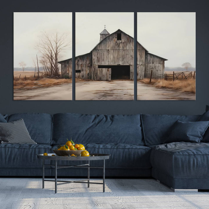 A framed and ready-to-hang Farmhouse Rustic Barn Wall Art Canvas Print is displayed against a gray wall. This stylish modern living room seamlessly combines rural life wall décor with contemporary comfort.