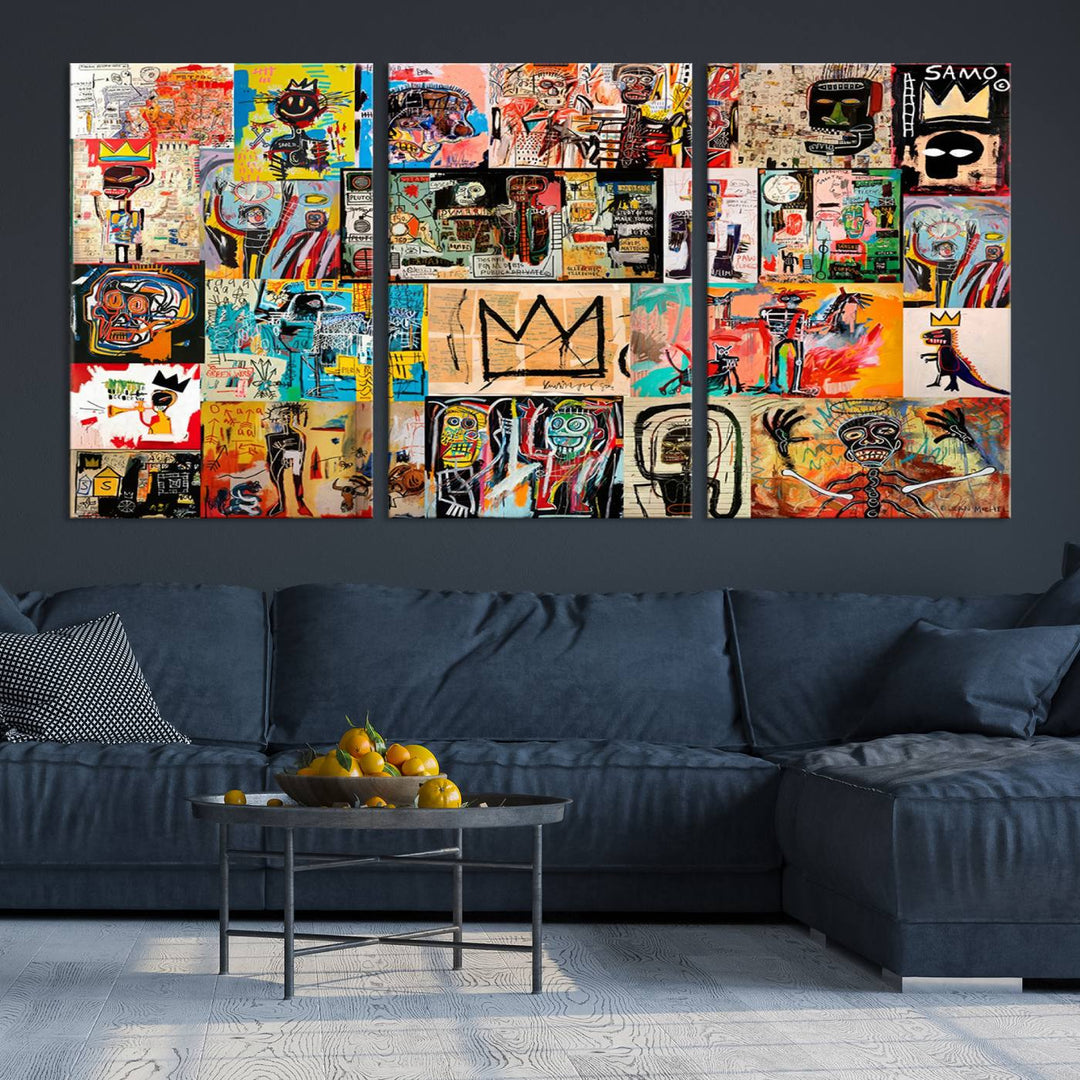 A vibrant Basquiat Art Collage Wall Art Canvas Print in an urban graffiti style adds a modern artistic flair.