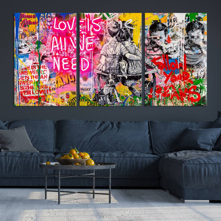 A vivid display of the "Follow Your Dreams & Love is All We Need" graffiti street art energizes a modern room with its three-panel arrangement. This bold giclee canvas print infuses any contemporary space with dynamic flair.