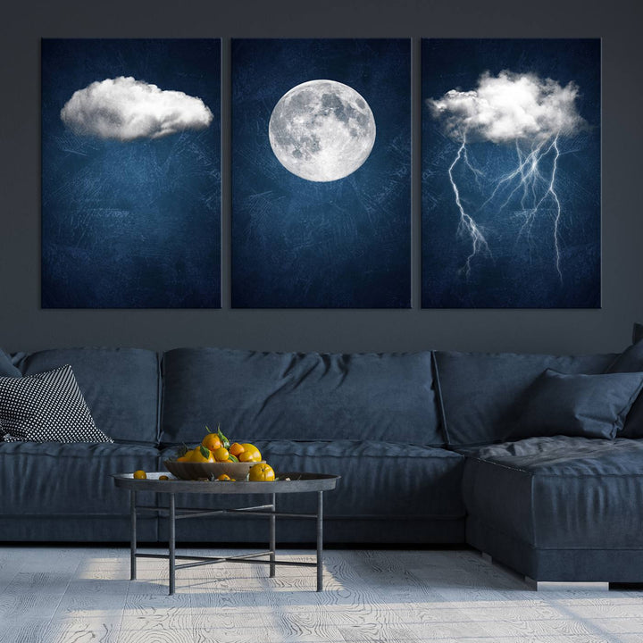 Dark Blue Cloud Art, 3 Piece Indigo Blue Wall Art, Aesthetic Surreal Art, Thunderstorm Moon Cloud Artworks 