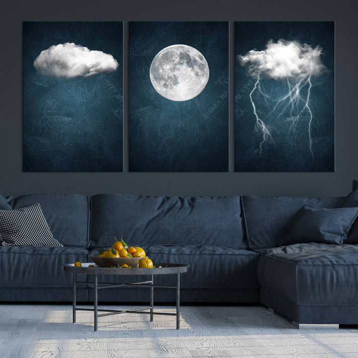 The "3 Piece Indigo Cloud Wall Art, Thunderstorm Moon Cloud Artworks" on museum-quality canvas with UV-protective coating is prominently displayed.