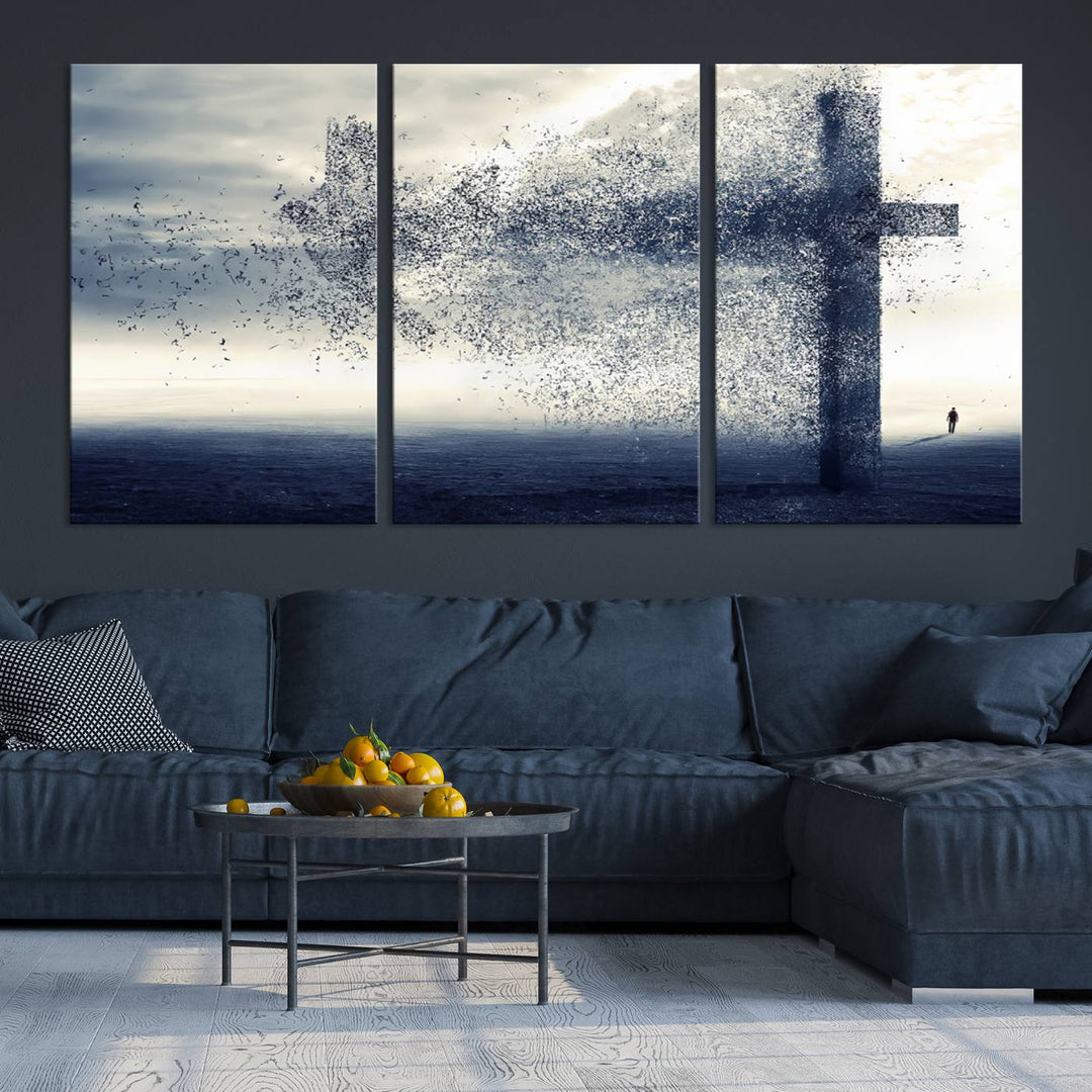 The "Jesus and the Fading Cross – Symbol of Faith" framed canvas print beautifully depicts a cross formed by birds against a moody sky above an ocean. This piece of Christian wall art infuses spirituality into the minimalist space.