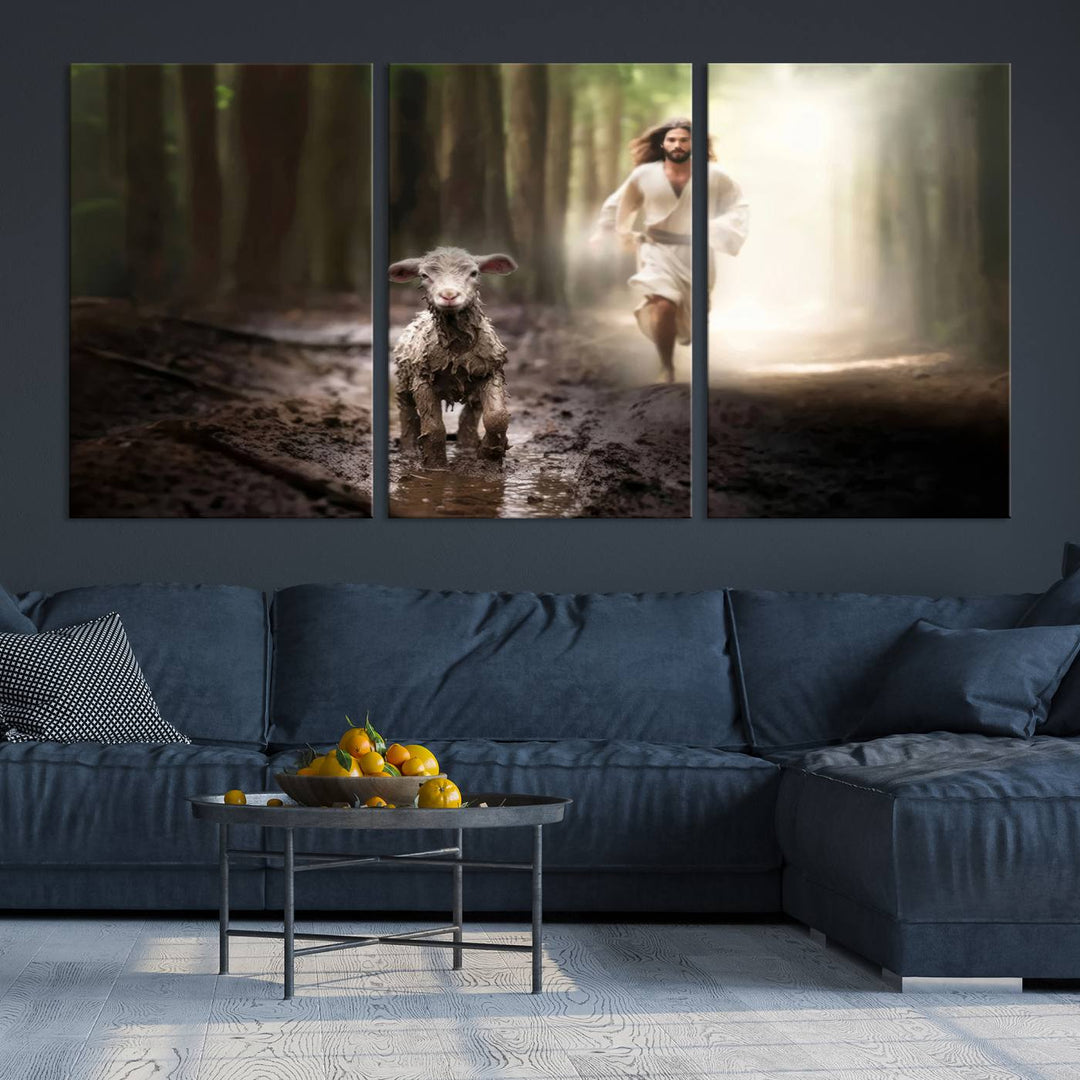 Discover the "Jesus Canvas Wall Art: Jesus Running After Lost Lamb," an exquisite triptych canvas piece that beautifully depicts Jesus in pursuit of a lost lamb within a forest setting. This artwork features a gallery-quality finish and is handmade in the USA, adding both charm and craftsmanship to your space. Perfect for Christian home decor enthusiasts.