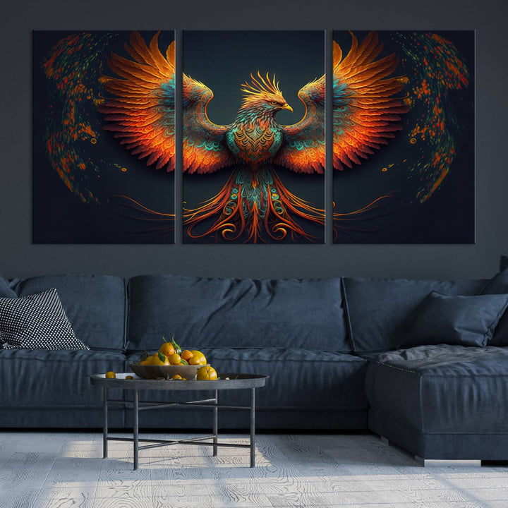 The Majestic Phoenix Wall Art Canvas Set, a fiery symbol of rebirth and strength, graces the wall.