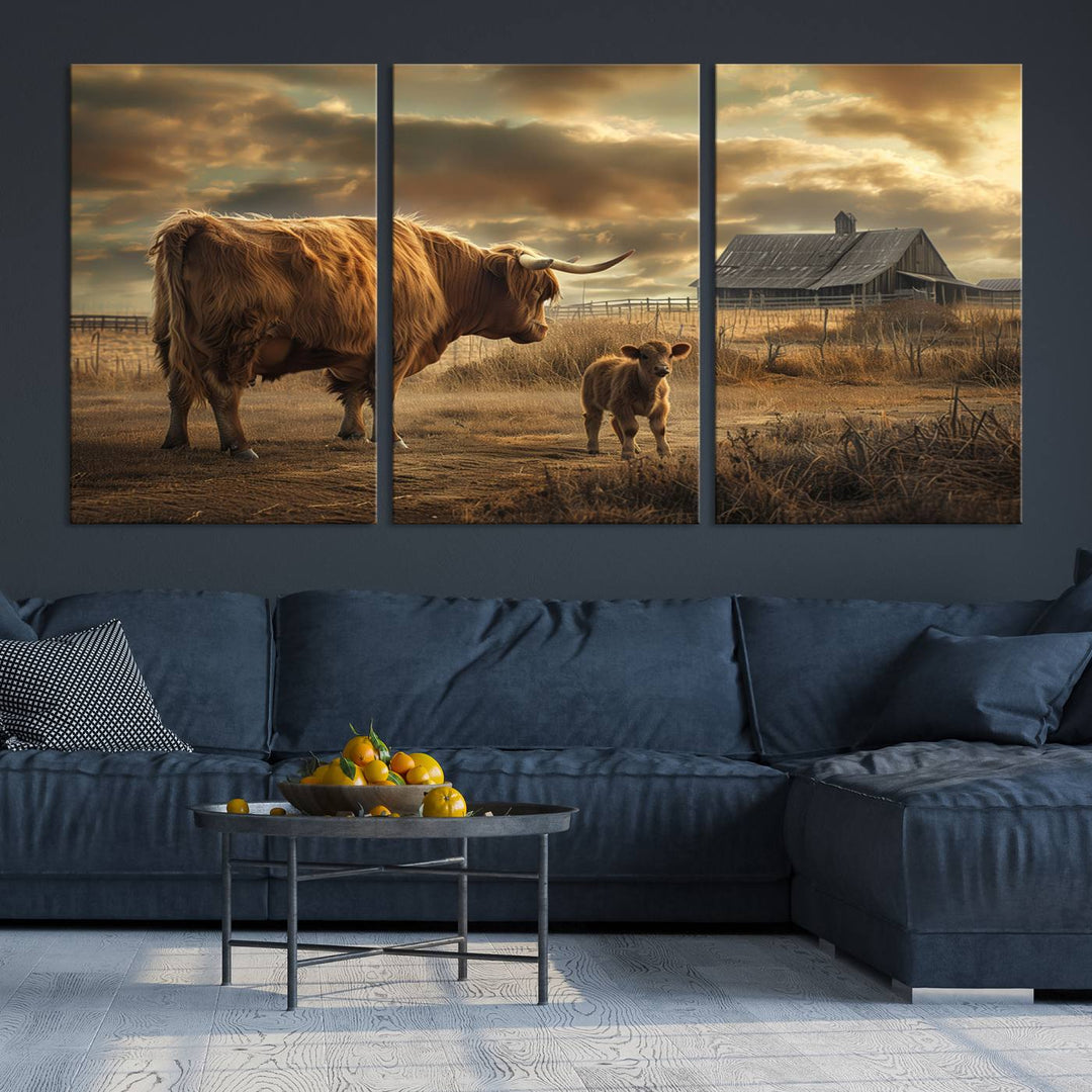 The living room features the "Highland Cow Canvas Wall Art Animal Print Pictures Fluffy Cattle Art," which captures a cow and calf in a rural sunset scene, adding gallery-quality charm.