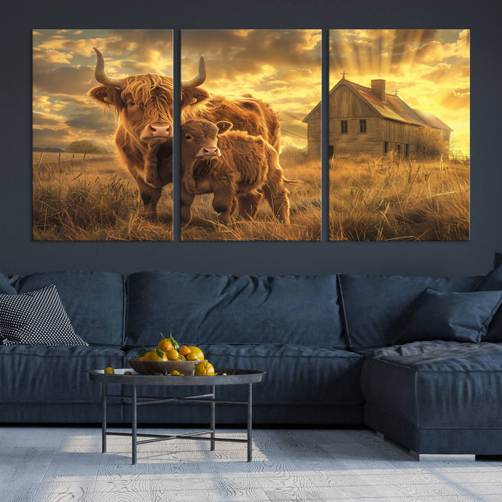 The room features the Barn and Highland Cow Canvas Wall Art Animal Print, a three-panel canvas depicting cows in a sunset field with a rustic barn backdrop. This handmade piece brings charm and character with its gallery-quality finish.