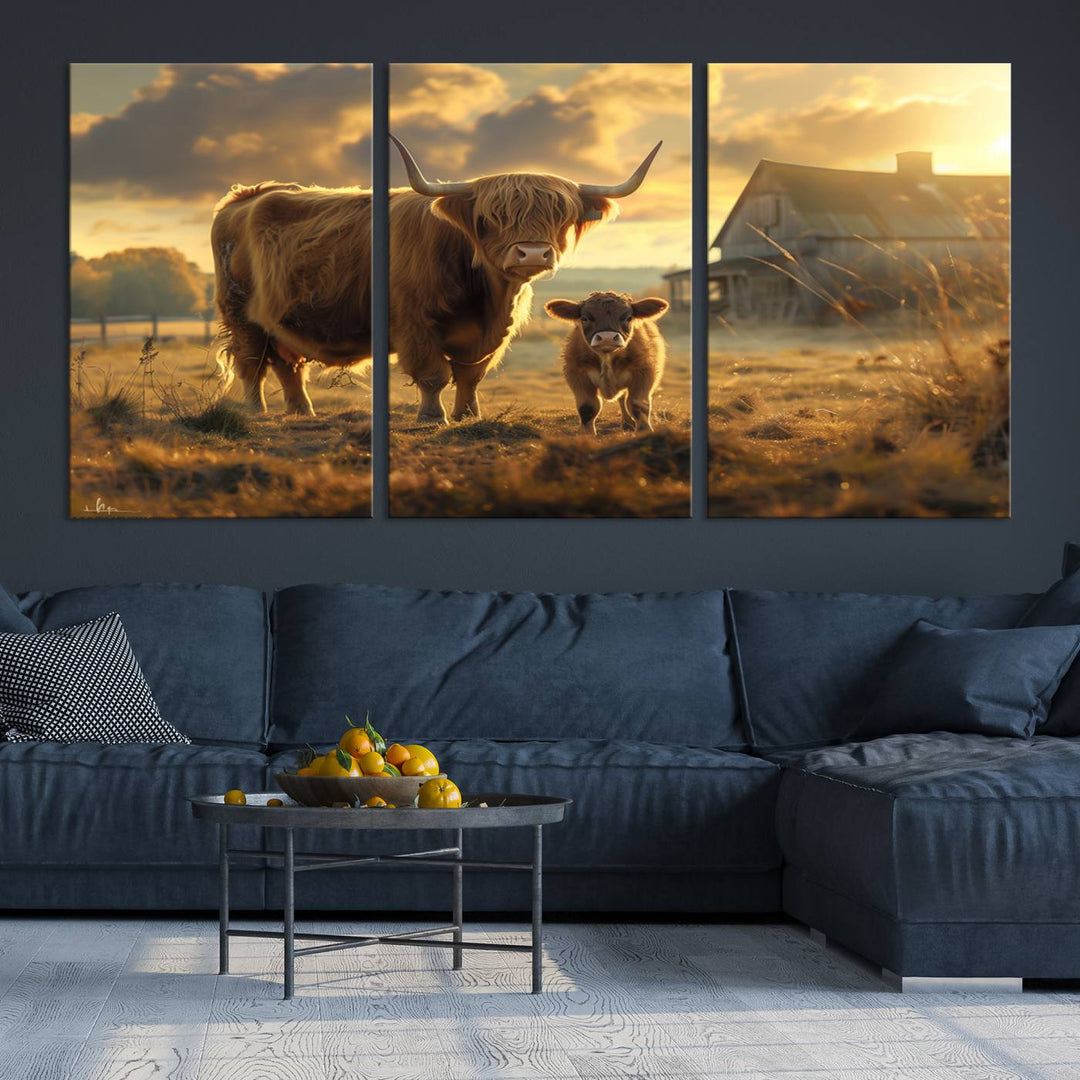 The "Highland Baby Cow Canvas Wall Art Animal Print" triptych art piece showcases a cow and calf in a sunlit field with a barn in the background.