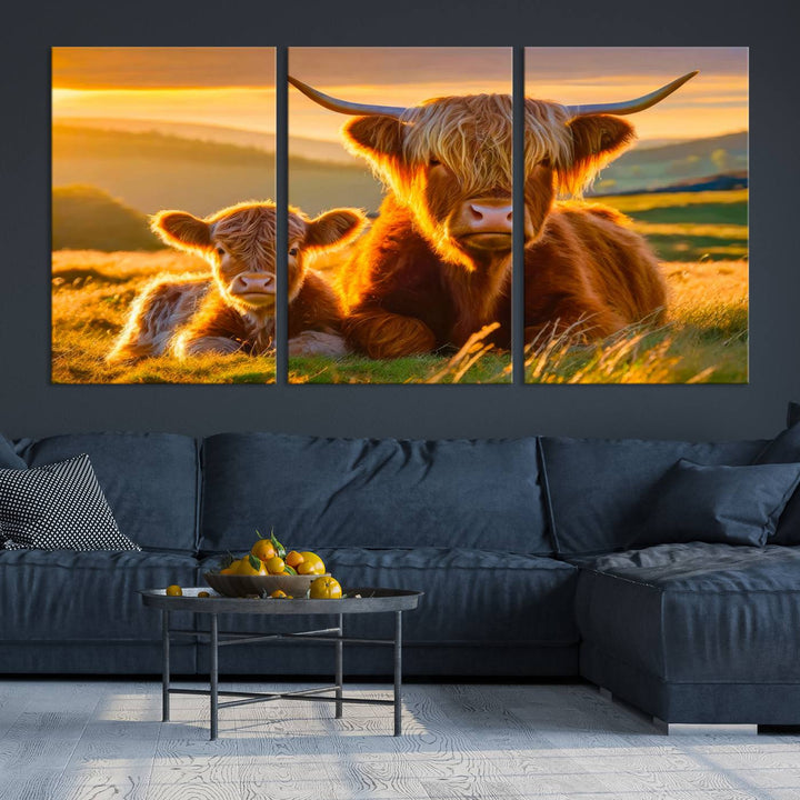 The living room showcases a gallery-quality finish with the Scottish Cow and Baby Cow Canvas Wall Art, featuring a charming animal print of fluffy cattle as the centerpiece. This stunning piece is displayed on premium canvas, creating an inviting atmosphere.