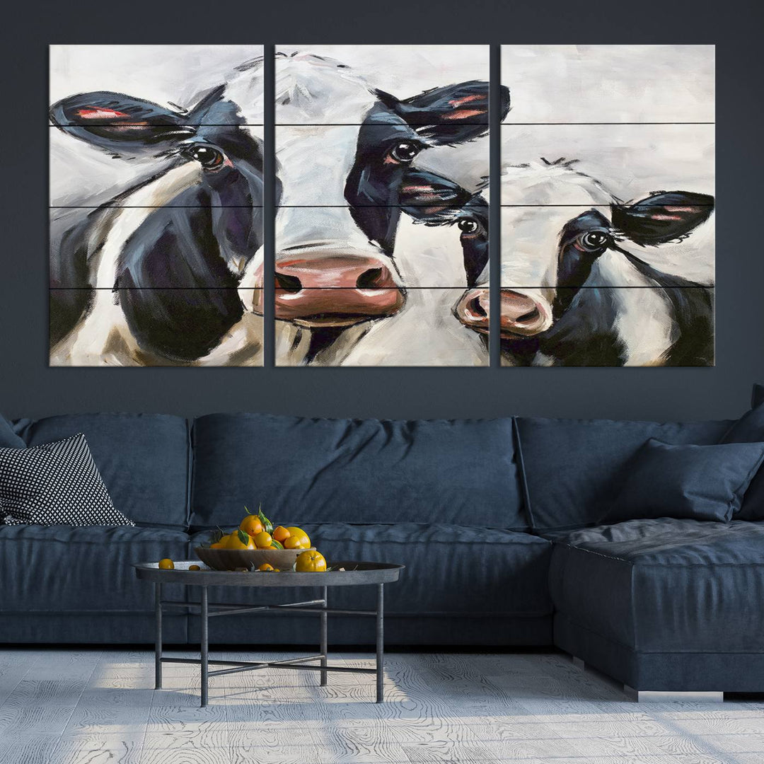 The Vintage Baby and Mom Cattle Wall Art Canvas Print is prominently displayed, adding a touch of contemporary and farmhouse decor to the modern living room.