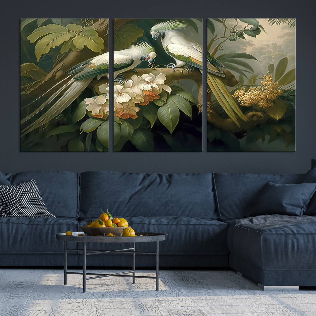 Crafted in the USA, this Tropical Paradise Print wall art features a stunning parrot amidst a lush forest and beautiful flowers.