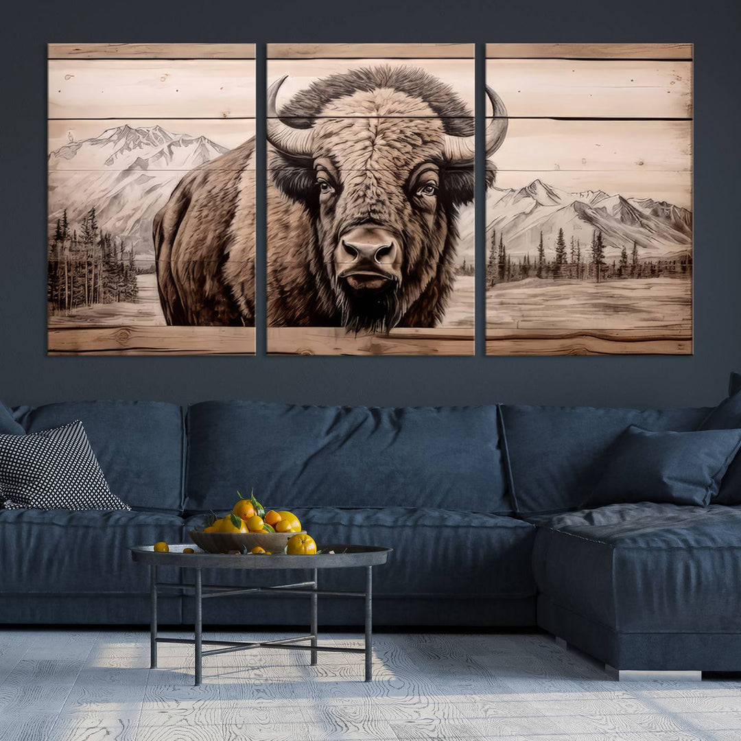 A stunning triptych artwork from the "Bison Canvas Wall Art American Buffalo Print Rustic Decor for Farmhouse Wall Art" collection graces the modern living room. Its vibrant colors are enhanced by museum-quality canvas and a UV-protective coating. The gallery-wrapped piece adds elegance to the space.