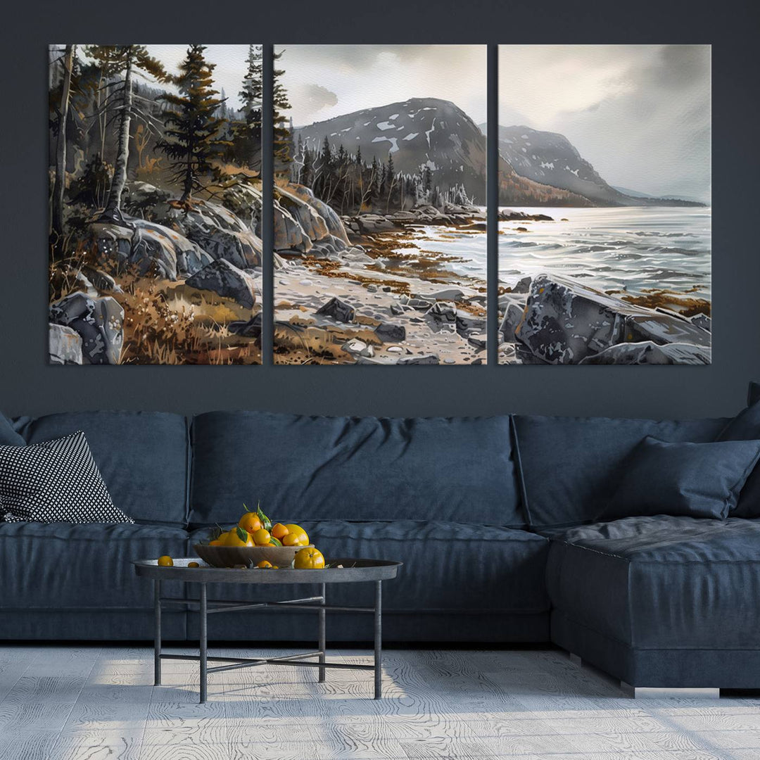 The stunning Serene Coastal View of Acadia National Park is a 3-panel wall art canvas print that beautifully captures a tranquil mountain and lake scene.