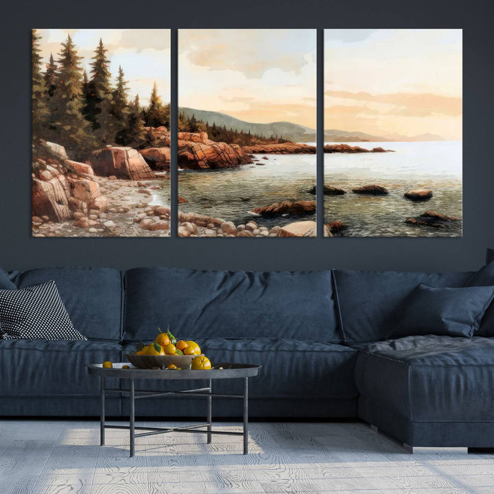 Serene Coastal View of Acadia National Park - Stunning 3-Panel Wall Art Canvas Print, Framed, Ready to Hang