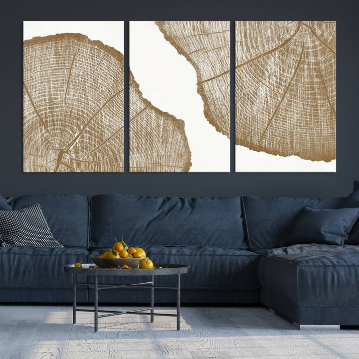 The "Rustic Brown Tree Ring Wall Art Canvas Print" in the living room adds an elegant, nature-inspired touch to the space.