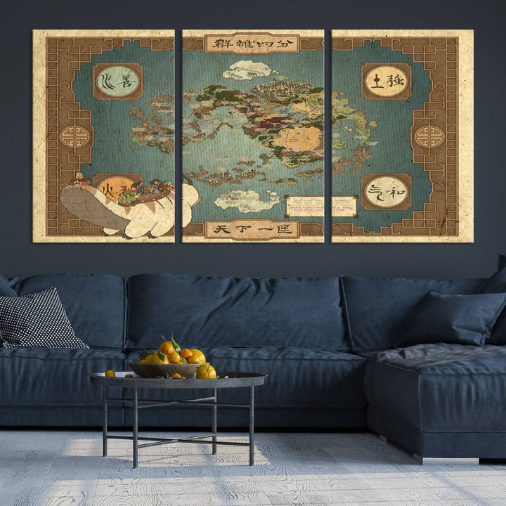 Hanging above is the Avatar: The Last Airbender Vintage Map - Wall Art Canvas Print, framed and ready to hang, showcasing an enchanting glimpse into the iconic four nations design.