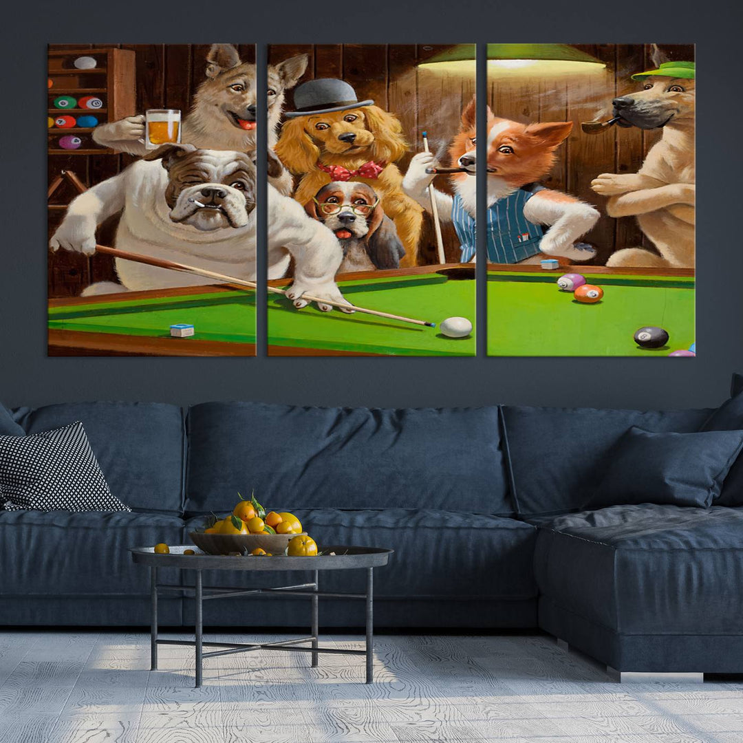 The "Dogs Playing Pool Canvas Wall Art" features a whimsical scene of dogs dressed as humans playing pool in a bar, presented as a three-panel display with a gallery-quality finish.