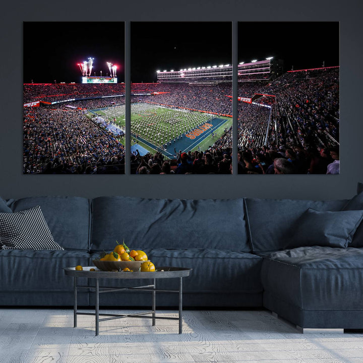 Ben Hill Griffin Stadium Night Game Triple Canvas Wall Art - Florida Gators Football Match