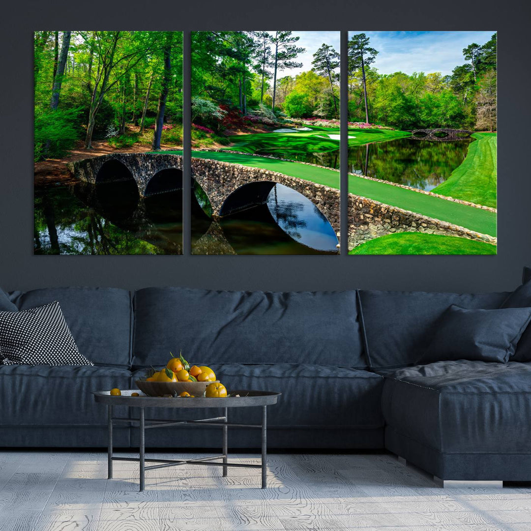 Augusta National Golf Club Wall Art - Panoramic Bridge & Lush Greenery – Premium Framed, Ready-to-Hang Triptych Canvas