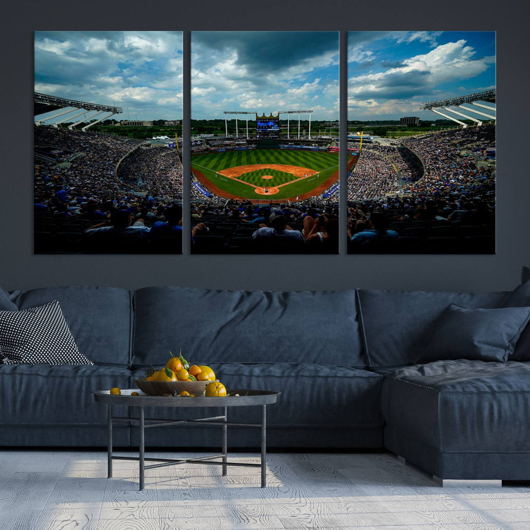 Kauffman Stadium Day Game Triple Canvas Wall Art - Kansas City Royals MLB Match