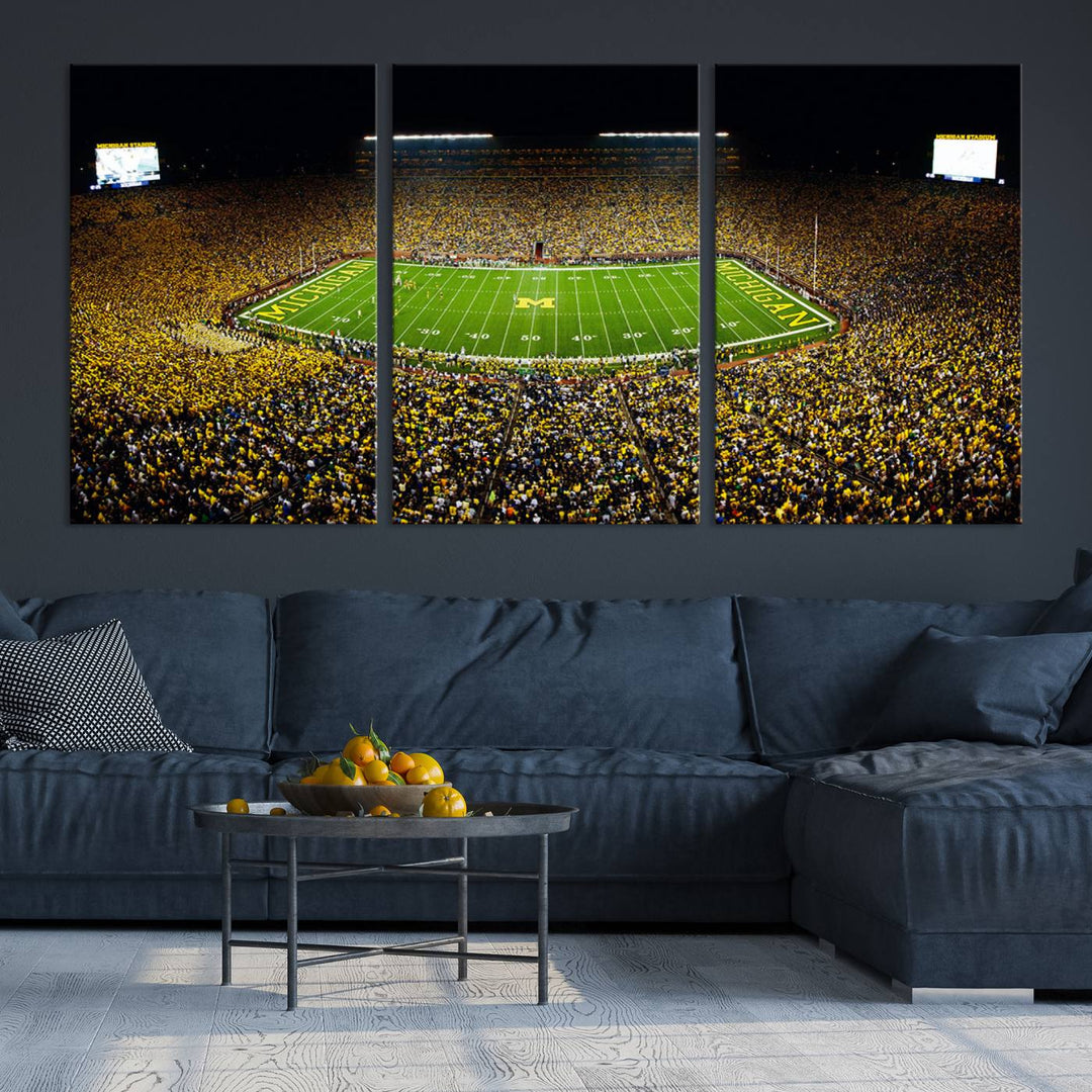 Michigan Wolverines Football Team Print - Michigan Stadium Night Game Triple Canvas Wall Art - University of Michigan Football Match