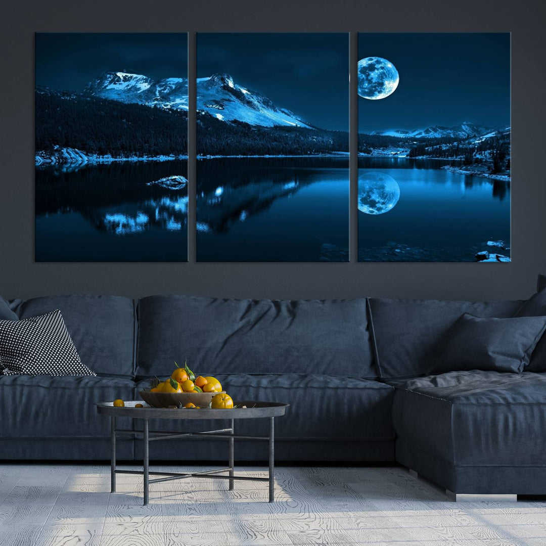 Blue Moon Mountain Lake Landscape Framed Wall Art Canvas Print