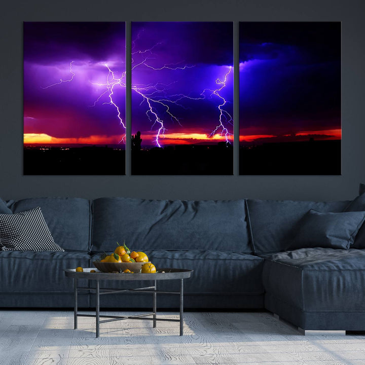 Electrifying Sunset Thunderstorm Canvas Print – Dramatic Lightning and Vibrant Sunset Wall Art