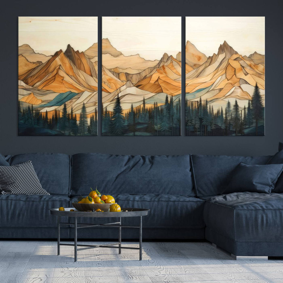 Rustic Wood Style Mountain Wall Art Print | Triptych Giclee Print Featuring Handcrafted Forest and Mountain Range Design | Framed Ready-to-Hang Print