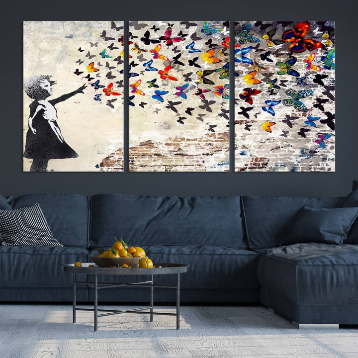 Banksy Style Girl with Butterflies Wall Art - Beautiful Framed Ready-to-Hang Triptych Canvas - Vibrant Butterfly Street Art for Modern Decor