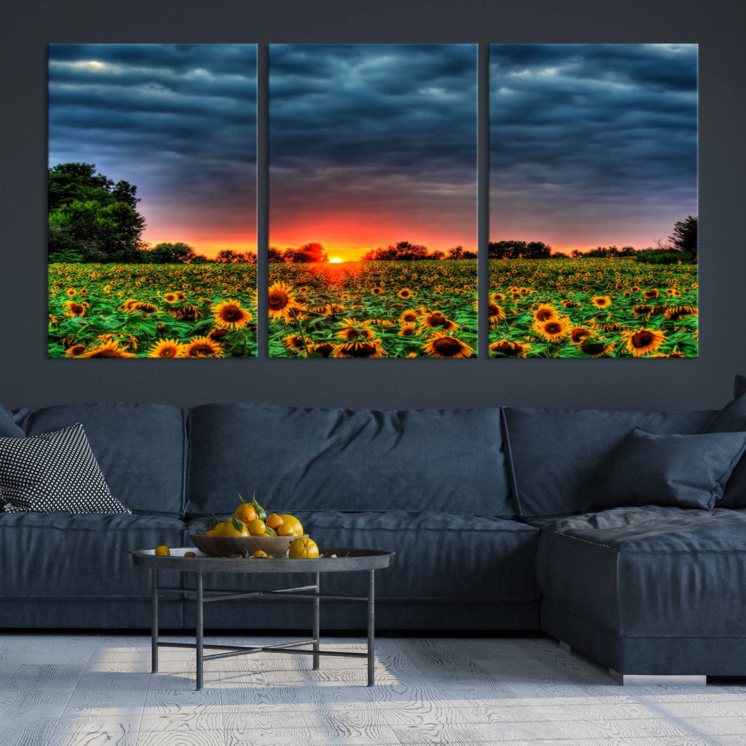 Golden Sunflower Field at Sunset – Breathtaking Sky and Vibrant Flowers, Ready to Hang Wall Art Canvas Print