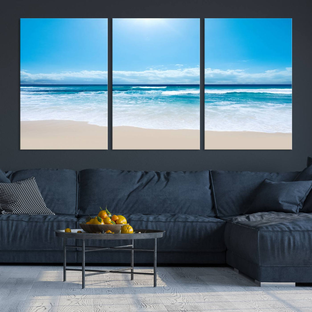 Wall Art Canvas Print Shiny Blue Sea and Beach