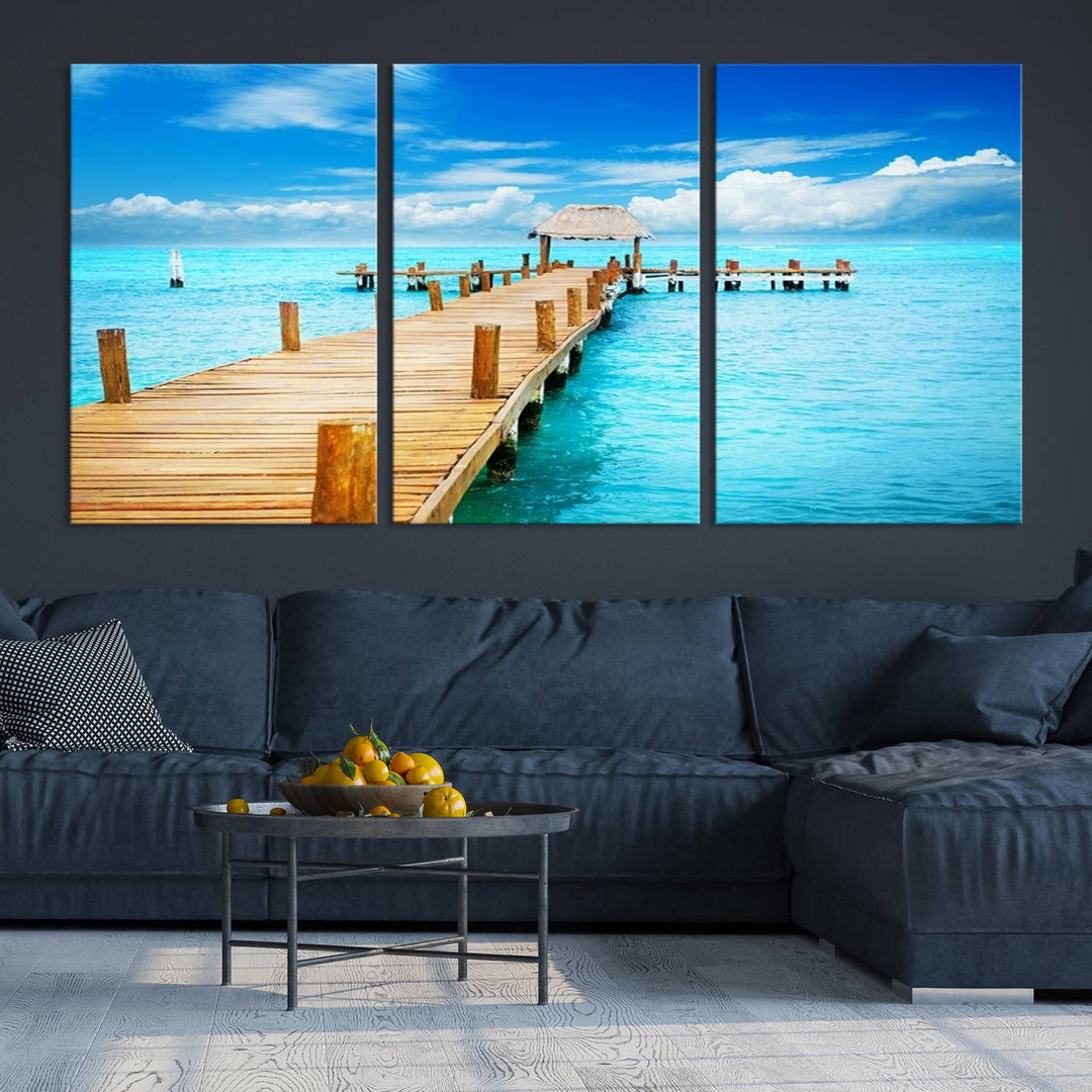 Tropical Pier Triptych Wall Art, Stunning Turquoise Ocean and Wooden Dock Canvas Print, Coastal Beach House Decor, Ocean View Canvas Art