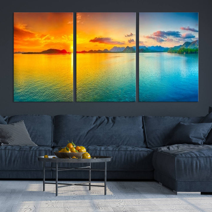 Wall Art Canvas Print Colorful Sunset Sea and Mountain Artwork