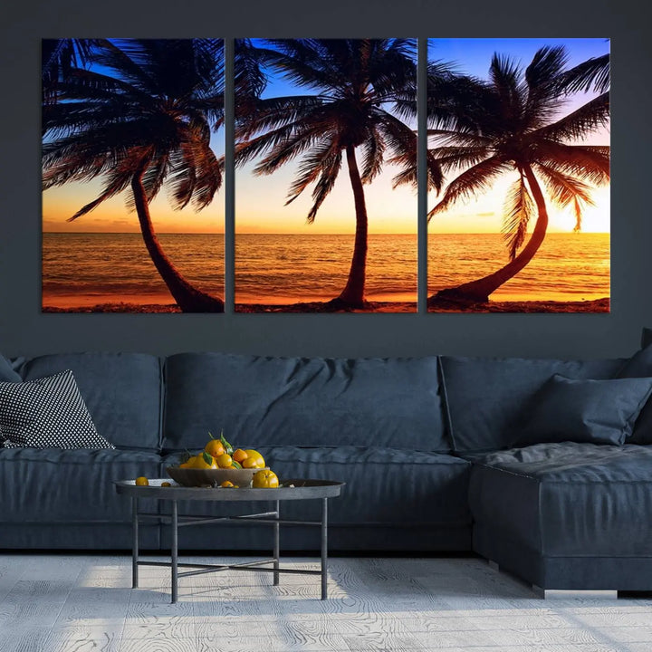 The living room features a wall adorned with the "Wall Art Canvas Curve Palms at Sunset on Beach," showcasing gallery-wrapped, museum-quality canvases in a stunning triptych.