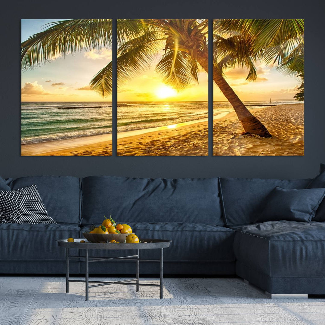 Wall Art Canvas Print Palm on Beach at Bright Sunset