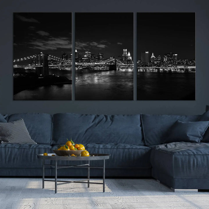 The "NEW YORK Canvas Prints Black and White Brooklyn Bridge Print" is a stunning triptych showcasing the iconic city skyline and bridge. Printed on museum-quality canvas with a UV-protective coating, it is ready to hang and instantly elevates your decor.