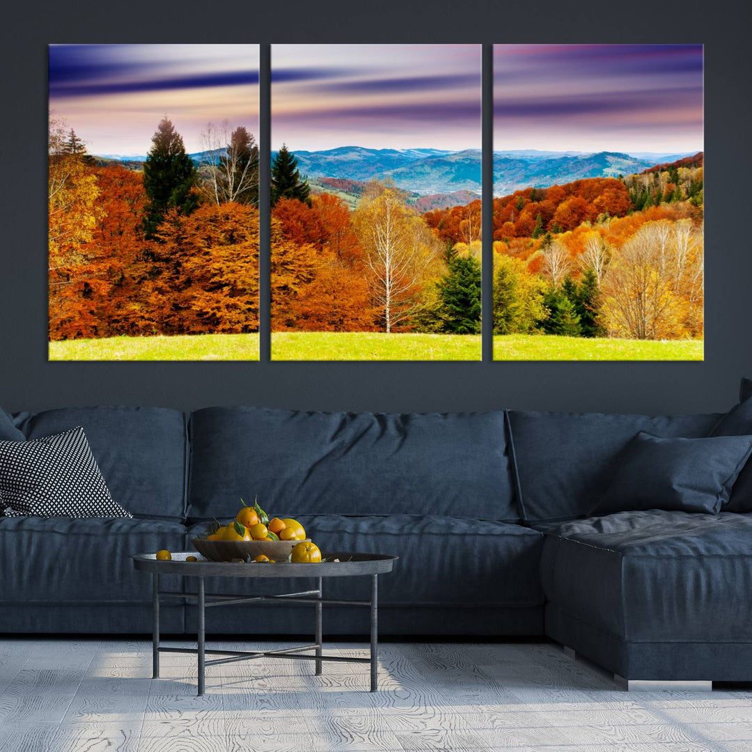 Autumn Colorful Forest Blue Mountains and Purple Sky at Sunset Wall Art Canvas Print