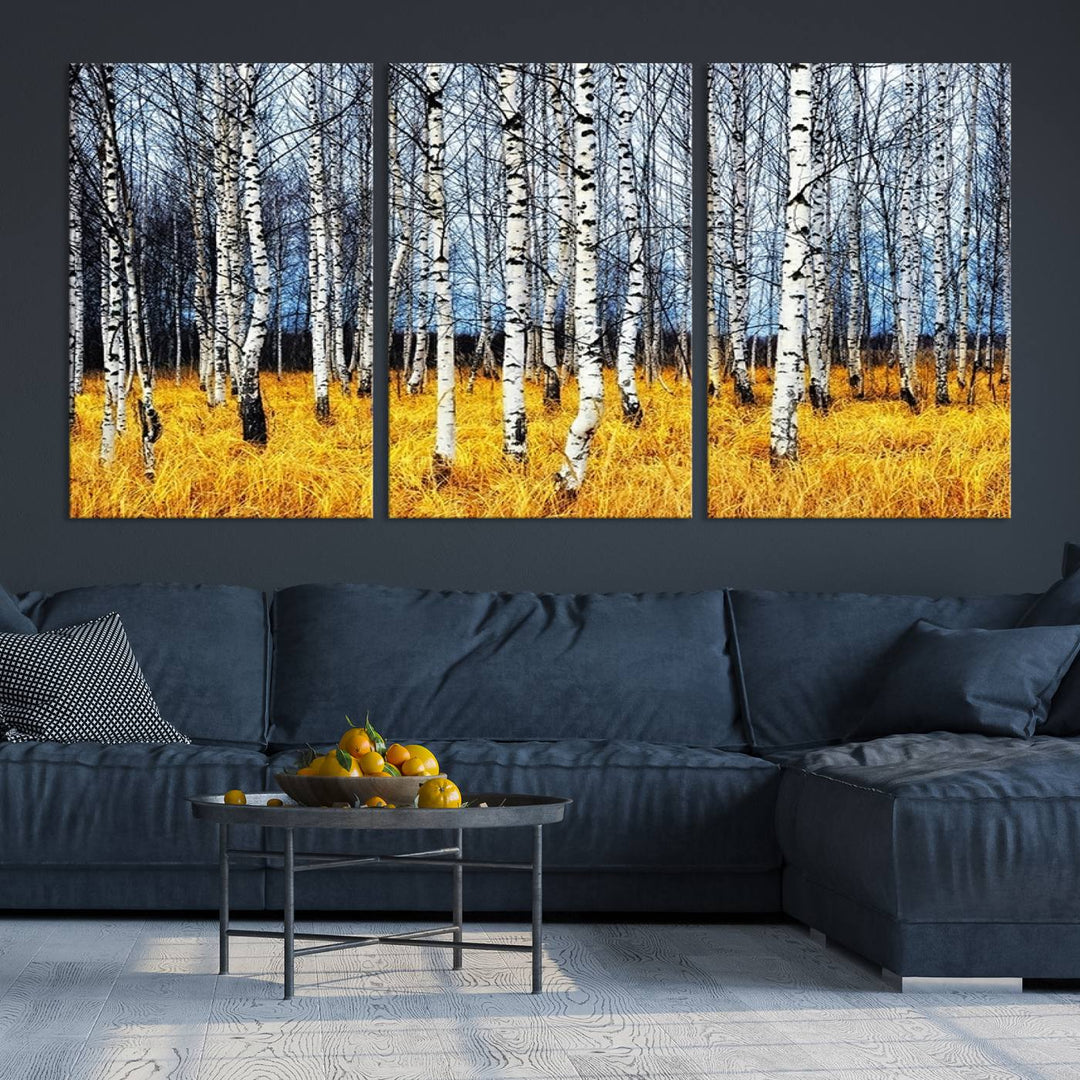 Impression d’art mural de bouleaux, art mural paysage, impression sur toile, arbres sans feuilles sur fond jaune