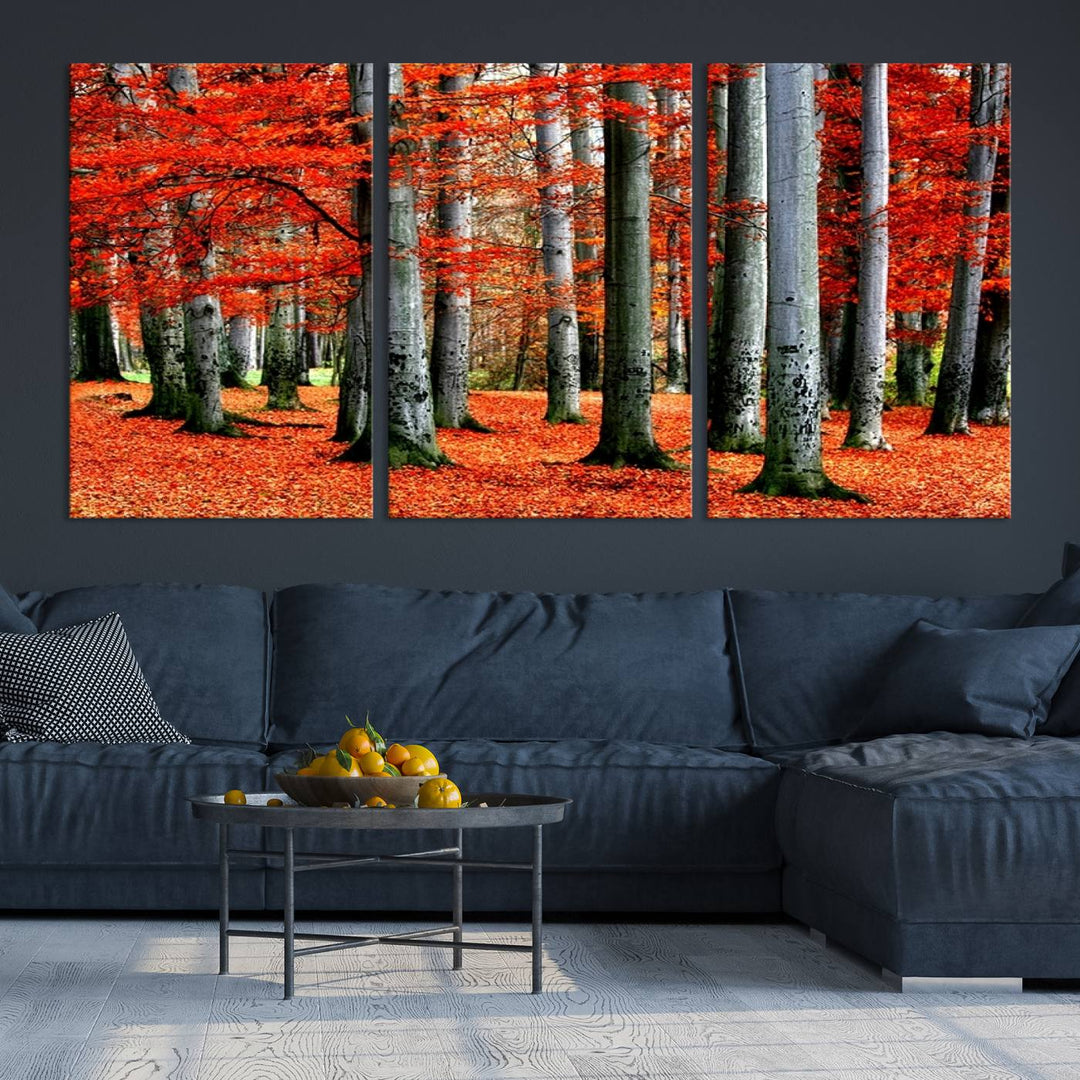 Impression sur toile de paysage d'art mural, feuilles rouges sur des arbres sur fond rouge