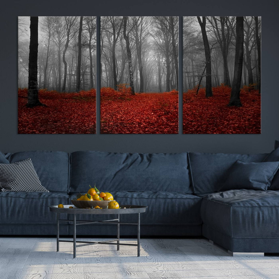 Impression sur toile de paysage d'art mural, forêt merveilleuse avec des feuilles rouges au sol