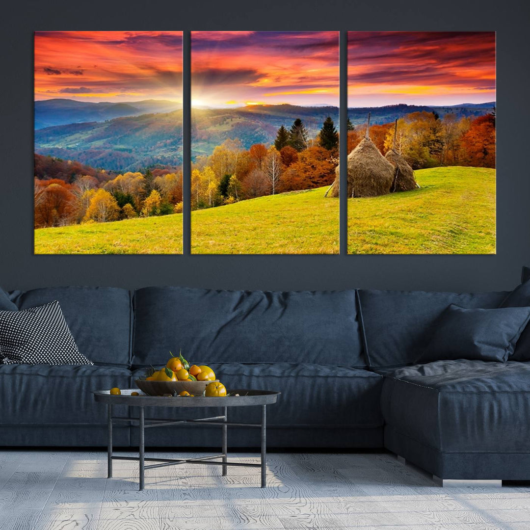 Impression sur toile de paysage d'art mural, tous les tons de vert au coucher du soleil