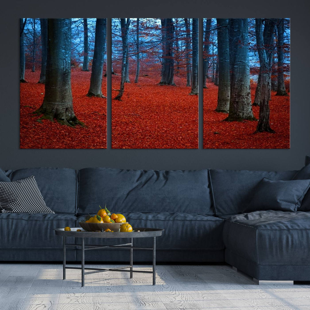 Impresión de lienzo de paisaje de arte de pared extra grande - Hojas rojas en bosque azul