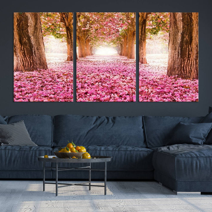 Blossom Cherry Canvas Print Walking on Pink Flowers Between Trees