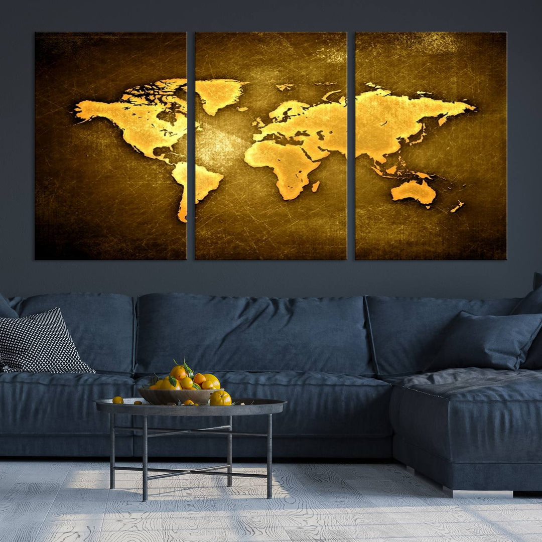 A Yellow World Map on a Metallic Yellow Background adorns the wall, arriving ready to hang and effortlessly infusing an elegant touch into your living space.