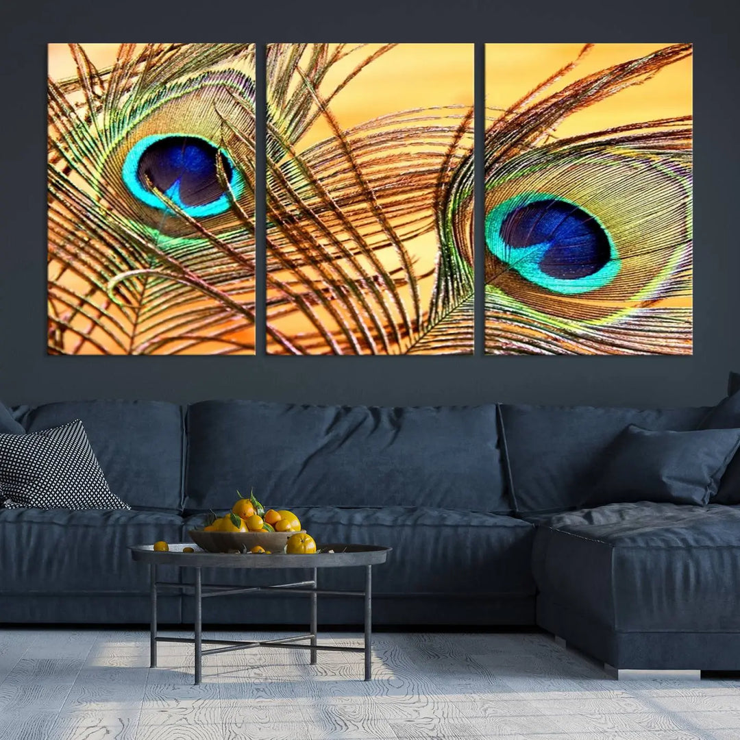 The Peacock Feather Wall Art Print, showcasing a vibrant green, blue, and orange feather design and ready to hang, adorns the space.