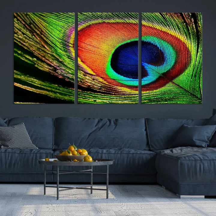 The living room features the "Colorful Peacock Feather Wall Art Print," showcasing a vibrant green, blue, and orange design elegantly displayed above a modern sofa.