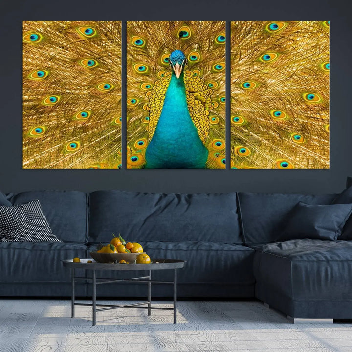 The Peacock Wall Art Canvas Print, featuring a vibrant triptych design of a peacock with intricate feather details and printed on museum-quality canvas with UV-protective coating, brings an artistic flair to the elegant space. Ready to hang, it enhances the modern living room with its striking presence.