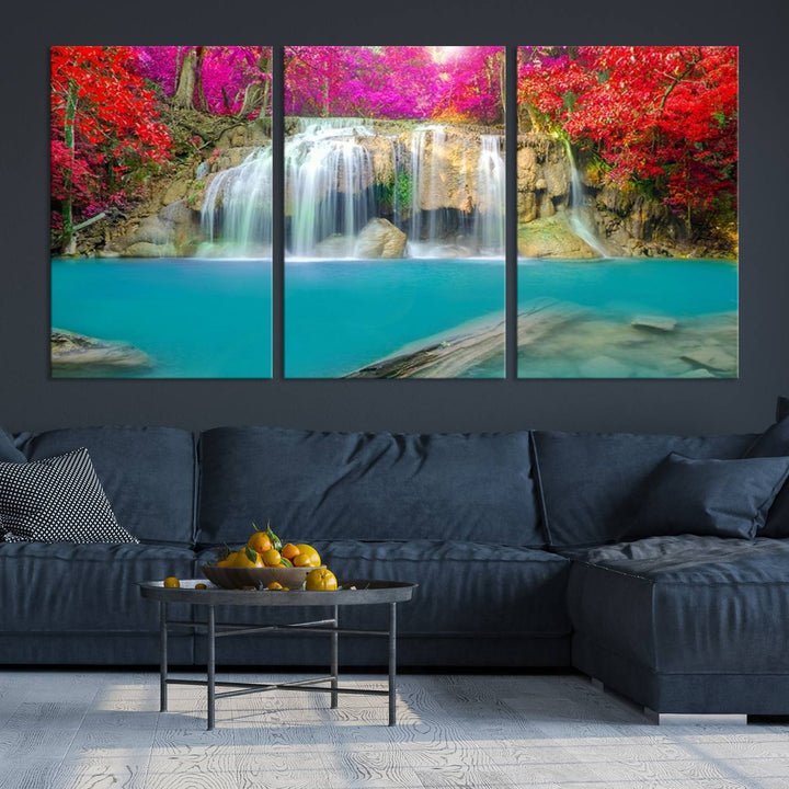 Wall Art Waterfall Landscape with Pink and Red Flowers in Forest Canvas Print