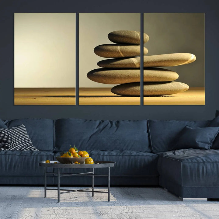 The "Yellow Zen Stones on Yellow Background Wall Art Yoga Zen Artwork," a professionally hand-assembled framed photo with UV-protective coating, is displayed on the wall.