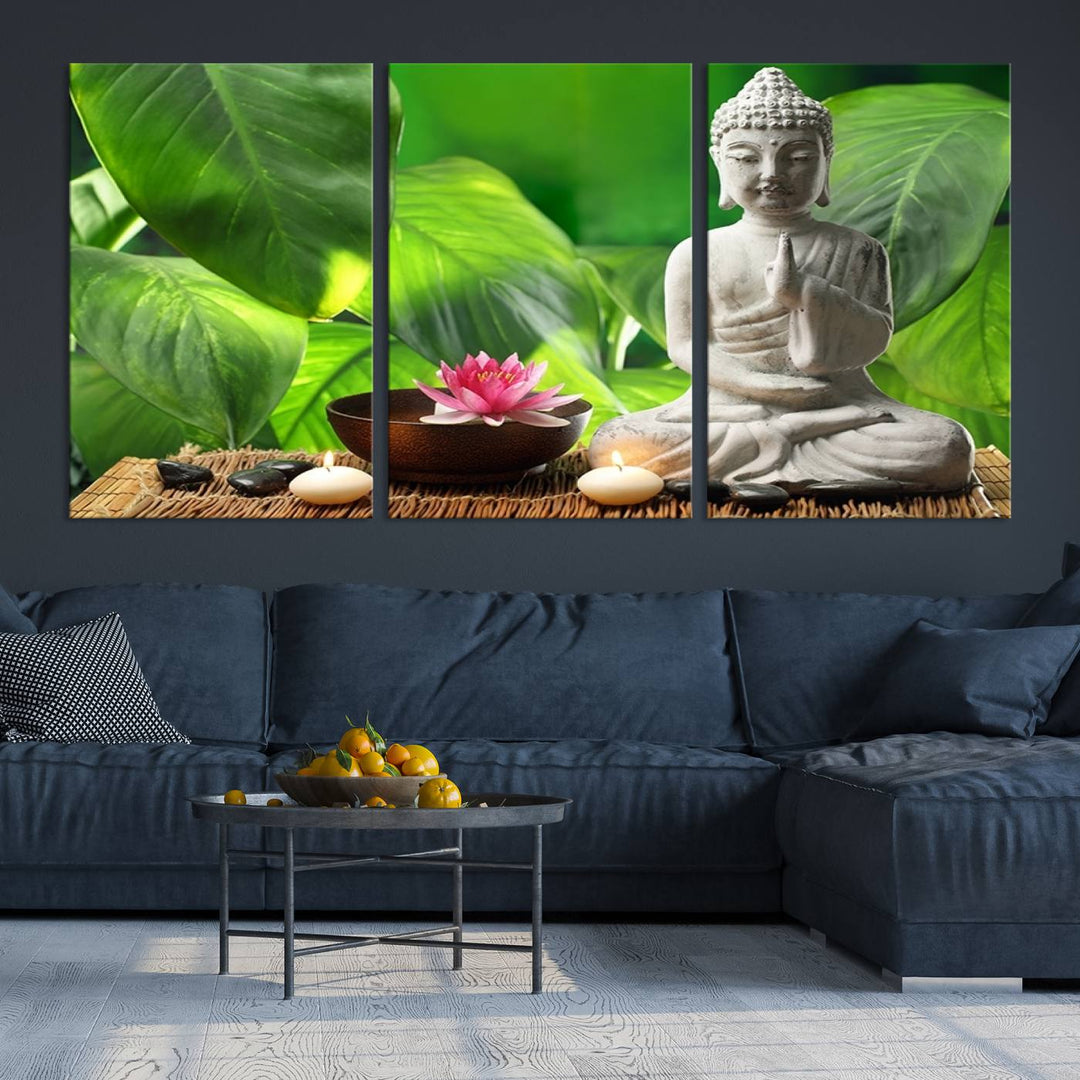 A tranquil room showcases a triptych of green leaves on museum-quality canvases, each piece readily available to hang.