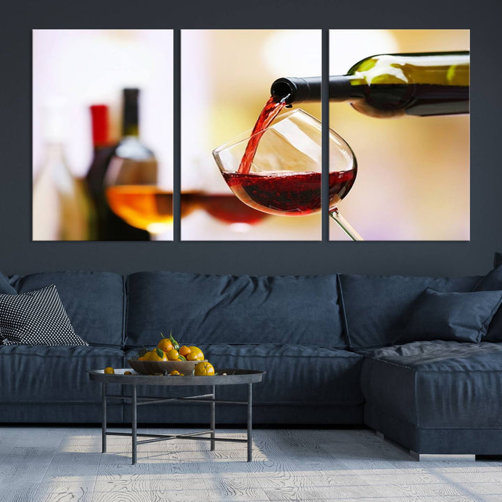 The Filling Red Wine into Glass Red Wine Canvas Print showcases a wine bottle pouring red wine into a glass. This scene, captured on museum-quality canvas, promises timeless elegance and comes with free shipping for effortless delivery to your doorstep.